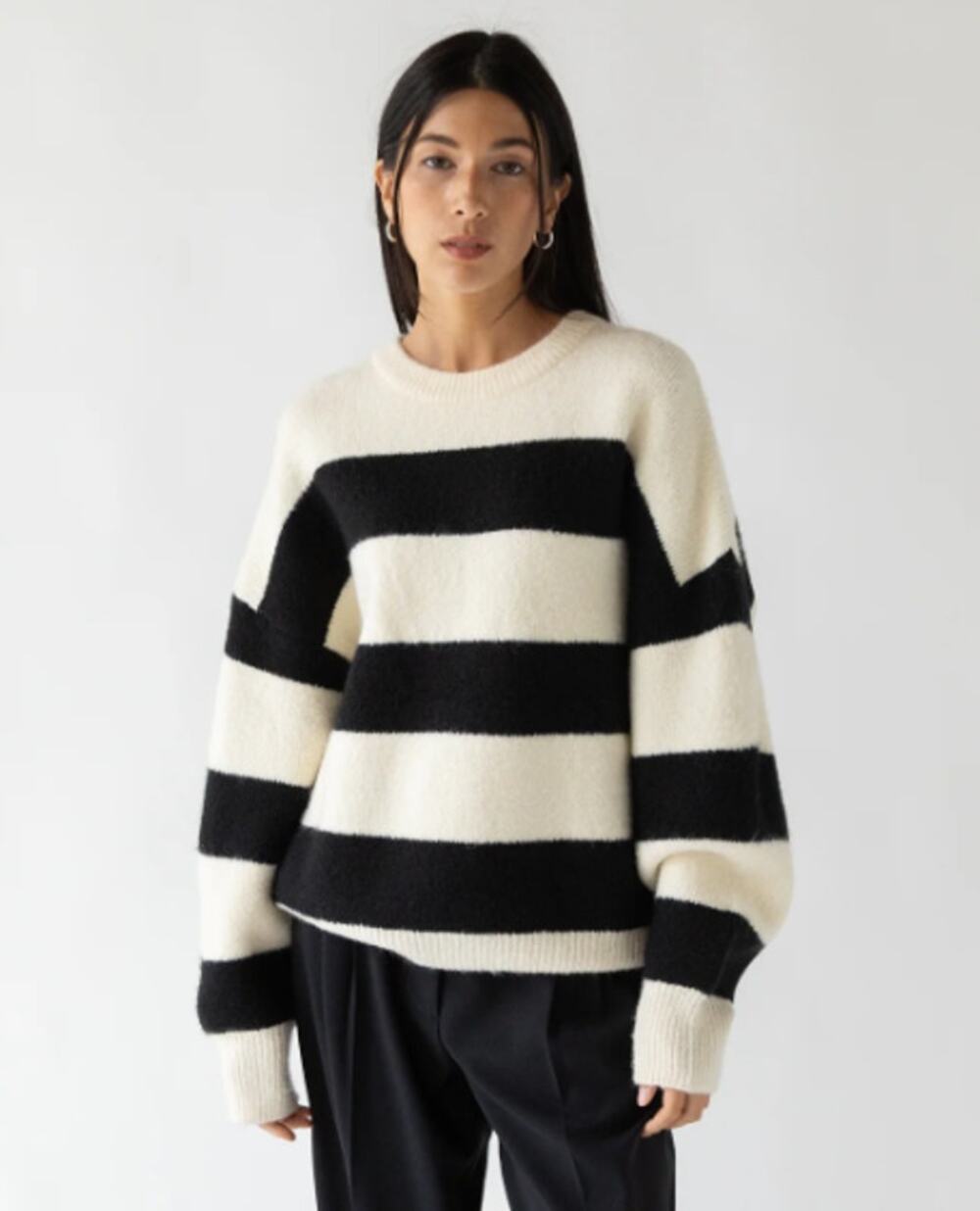 OAK + FORT Chunky Knit Oversized Striped Sweater Wool Blend Crewneck Cozy Preppy